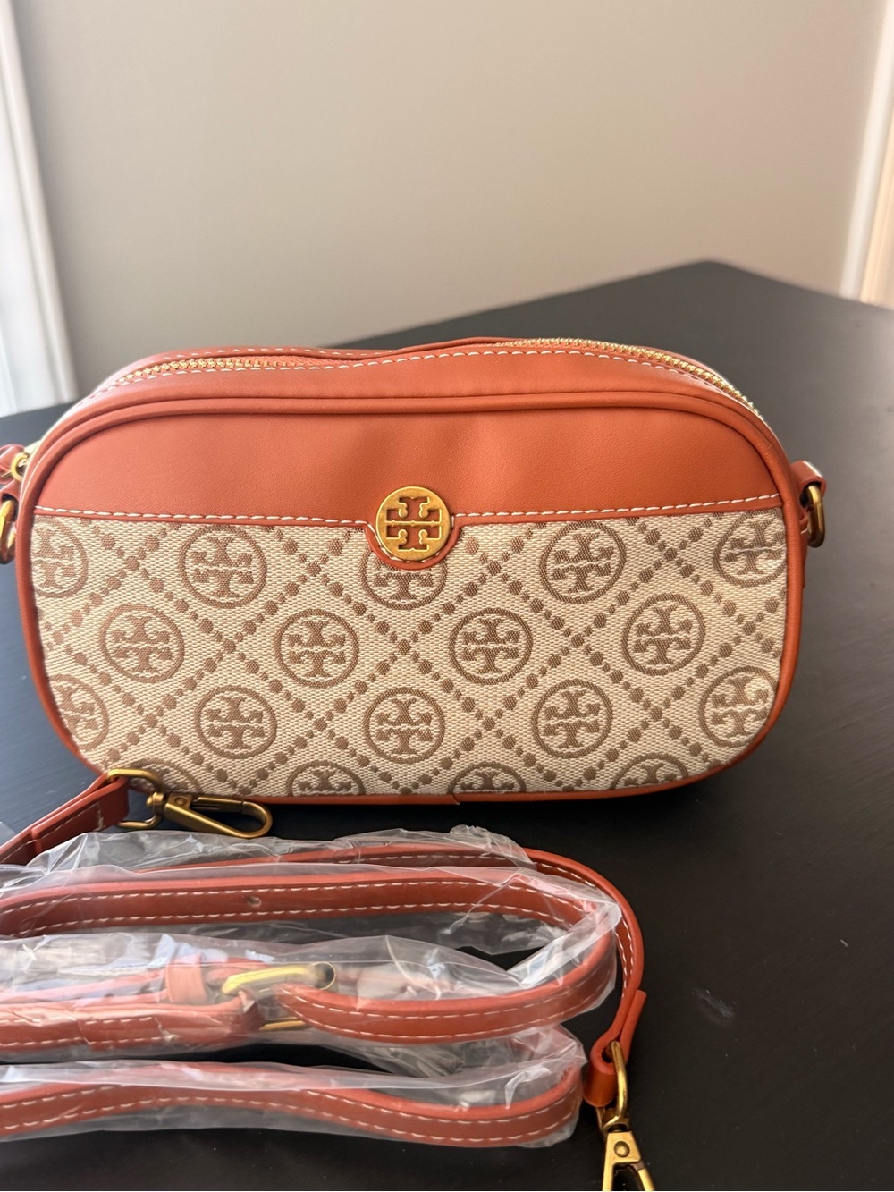 Tory Burch Cream Canvas Crossbody with Orange Leather Trim
